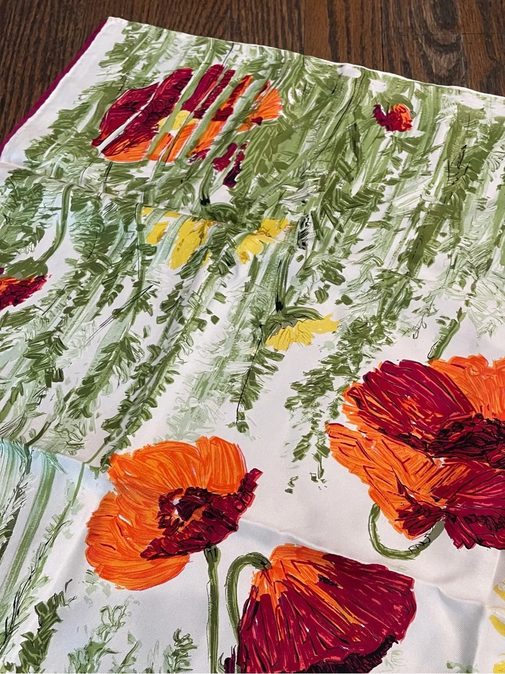 VINTAGE White Green Pink Silk Floral Print Square Scarf